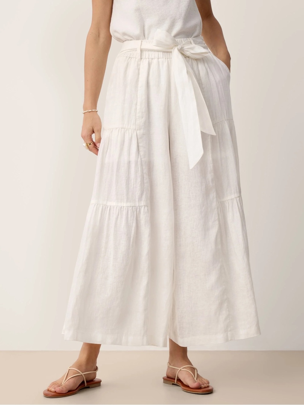 LINTICO Wide Leg Tie-Waist Linen Pants - White